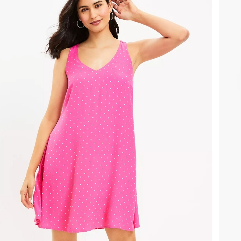 The Loft Pink Polka Dot Cross Cross Sleeveless Swing Dress